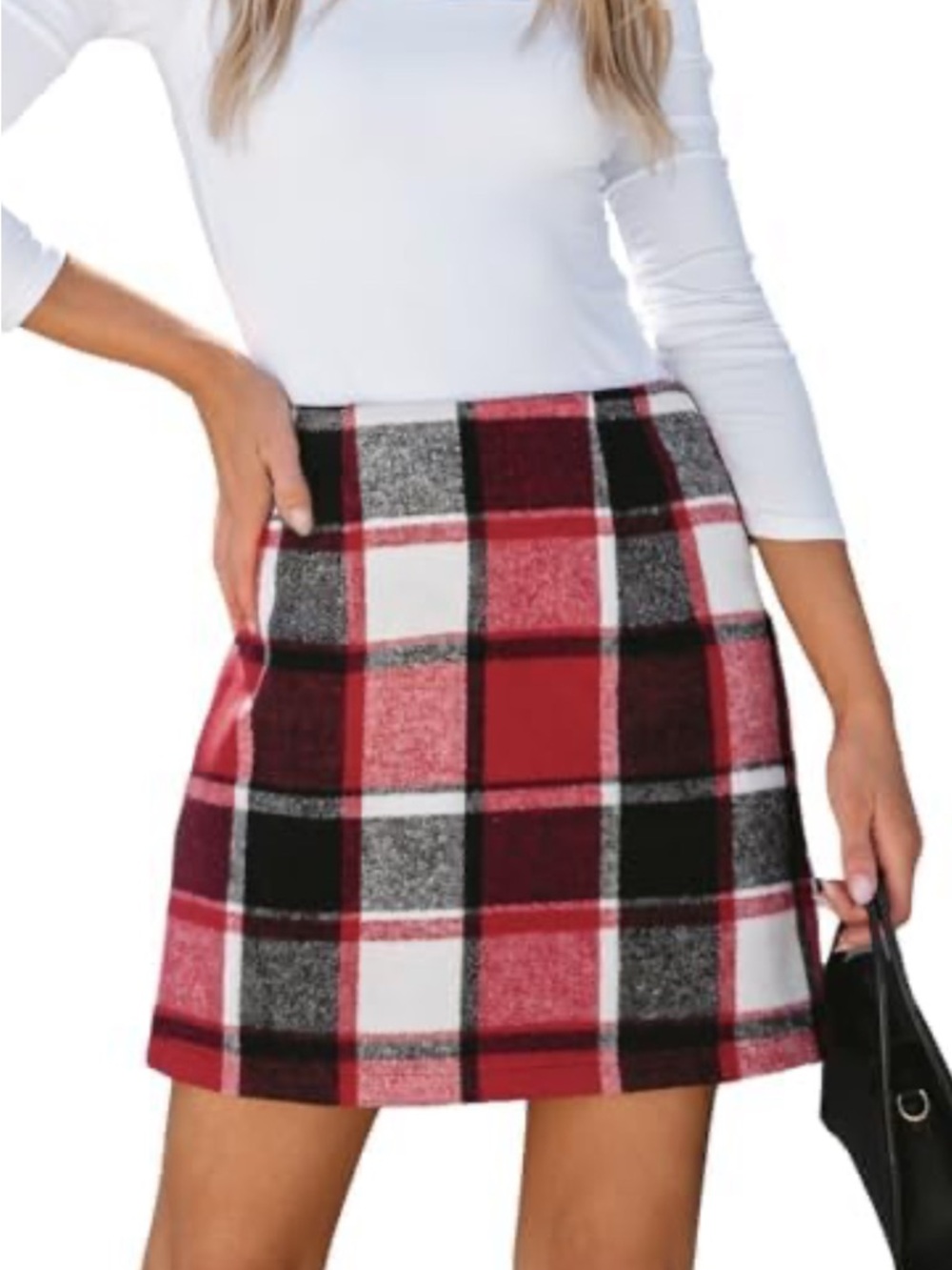 Cupshe XL Plaid A-Line Mini Skirt in Red Black & White Side Zip Closure Lined